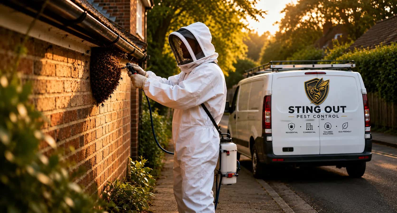 A Sting Out Pest Control technician in a protective bee suit treating a wasp nest under the eaves of a brick house, with a branded service van parked on the street